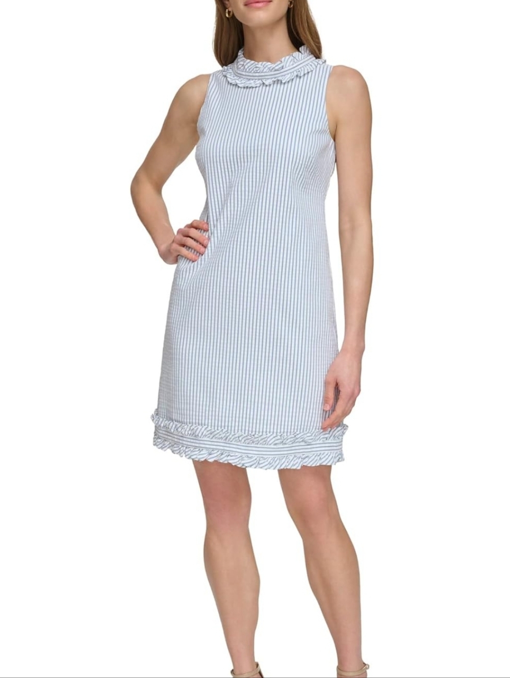 Eliza J Blue and White Striped Ruffle Neck Sleeveless Dress, Size 6